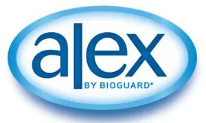 A blue and white logo of alex by bioguard.